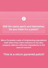 Pink background with text about micro pyramid patches for skincare issues.