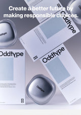 Oddtype products with packaging and text on a gray background