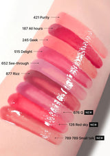 Lipstick swatches on a arm with color names and codes