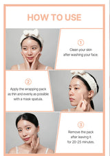 Step-by-step guide on how to use a facial wrapping pack with a person demonstrating the process.