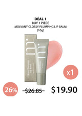 Molvany glossy plumping lip balm with promotional text on a white background