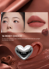 Lipstick with a heart-shaped design on a white background, featuring a close-up of lips wearing the lipstick.