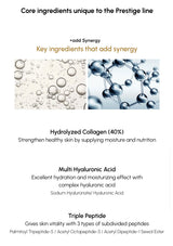 Advertisement for Prestige skincare line with hydrolyzed collagen, multi-hyaluronic acid, and triple peptide ingredients.