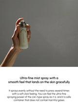 Hand holding a spray bottle with text about ultra-fine mist spray on a gray background
