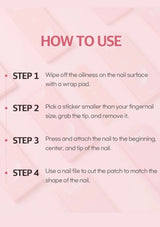 Instructions on how to use nail patches on a pink grid background