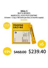 Promotional graphic for Marocell Poo Poo Enzyme with packaging and pricing details.