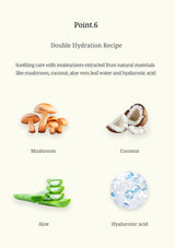 Double Hydration Recipe with natural ingredients like mushroom, coconut, aloe vera, and hyaluronic acid on a white background.