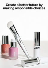 Makeup products with 'Oddity' branding and a brush on a white background with text about responsible choices.