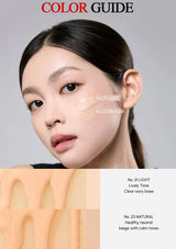 Color guide for makeup with a woman's face and color swatches on a gray background