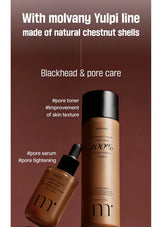 Cosmetic products with molvany Yulpi line branding on a brown background