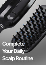 Black scalp massager with text 'Complete Your Daily Scalp Routine' on a gray background