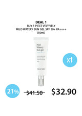 Promotional graphic for Vely Vely Mild Watery Sun Gel with pricing and discount information.