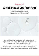Text about witch hazel leaf extract with a close-up of bubbles on a white background.