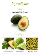 Ingredients list with avocado, lime, and mung bean extracts on a white background