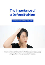 Person adjusting hair with text about the importance of a defined hairline on a white background