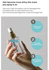 Hand holding a spray bottle with text about hair care product benefits on a gray background