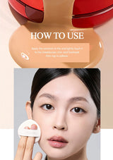 Instructions on how to use a cosmetic product with a close-up of a person applying it.
