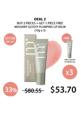 Promotional offer for Molvany glossy plumping lip balm with packaging and pricing details.