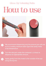 Glass lip voluming balm with usage instructions on a pink background