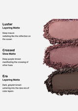 Three makeup shades labeled 'Luster', 'Crossed', and 'Era' with descriptions on a light gray background.