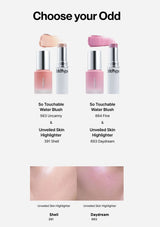 Makeup products with color swatches and text on a white background