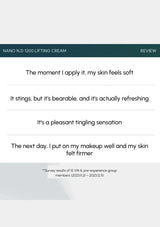 Text review of a lifting cream with user feedback on a white background