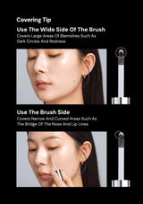 Instructions on using a brush for skincare with close-up images of a person applying the product.