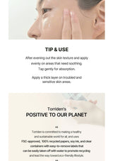 Product application instructions with a person applying cream to their face, accompanied by Torriden's sustainability message.
