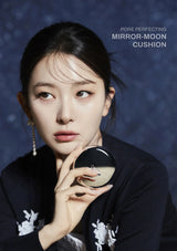 Woman holding a makeup compact with 'Pore Perfecting Mirror-Moon Cushion' text on a blue background