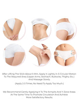 Product usage instructions with images of a stick being applied to various body areas.