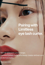 Close-up of a person applying mascara with text about the Limitless eyelash curler.