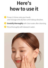 Instructions on how to use a product with a close-up of a person applying it to their face.