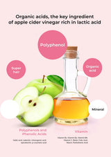 Bottle of apple cider vinegar with labeled components on a pink background