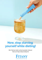Hand using a Fitany product to mix a drink with text promoting weight loss.