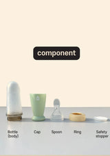 Bottle components including body, cap, spoon, ring, and safety stopper on a beige background.