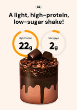 Chocolate shake with protein content information on a white background
