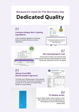 Product packaging with text about skin care ingredients and testing on a white background