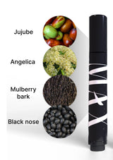 Vape pen with ingredients labeled as jujube, angelica, mulberry bark, and black nose on a white background.