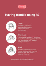 Instructions for using a product on a red background with white text and icons.