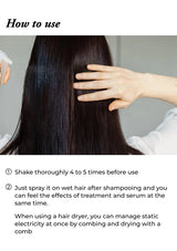 Person with long hair holding a section of hair, with text on how to use a product.
