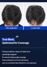 Before and after comparison of hair color treatment with text about 'True Black, Optimized for Coverage' on a blue background.