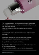 Product with a 'Notice' label and text about product texture, shade, and usage instructions.