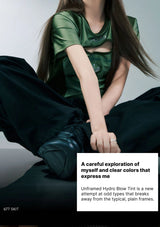 Person wearing a green outfit with text overlay on a gray background