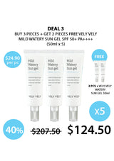 Promotional offer for Vely Vely Mild Watery Sun Gel with pricing and quantity details.