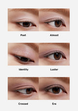 Eye makeup swatches labeled 'Poet', 'Almost', 'Identity', 'Luster', 'Crossed', and 'Era' on a white background.