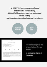 ODDTYPE sustainability and ingredient information with honeycomb and soy ink icons.