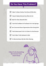 Checklist of skin concerns with a distressed woman illustration on a gray background