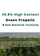 A text-heavy promotional graphic for a green propolis product. The top portion is white with dark green and black text reading '39.