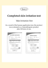 Completed skin irritation test report with certification documents on a light yellow background