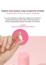 Hand holding a white pill with a pink container labeled 'Fitany' on a light pink background, featuring text about organic acid content.